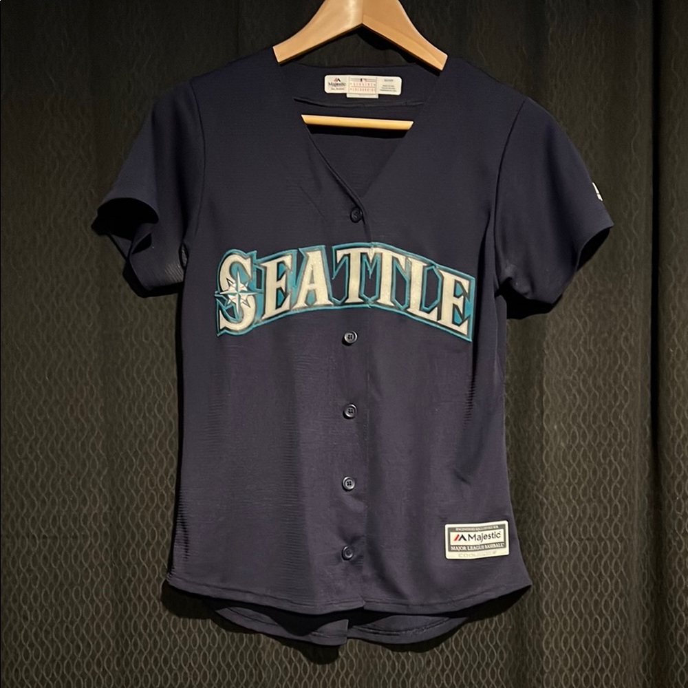 Majestic Blue and Green Short Sleeve Buttoned Jersey